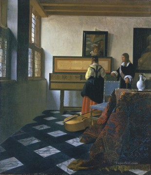  dama Arte - Una dama en los Virginals con un caballero barroco Johannes Vermeer